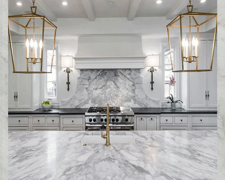 نمایی از سنگ چینی سفید الیگودرز در کانتر آشپزخانه