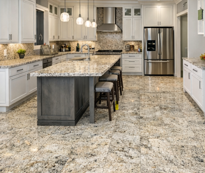 نمای آشپزخانه با سنگ گرانیت دلیکیت در کف و کانتر